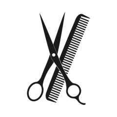 Hairdressing scissors and comb black silhouette icon - obrazy, fototapety, plakaty