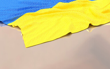 ukrainian flag  wrinkle on floor brown wooden shiny reflection with shadow for independence day flyer or banner