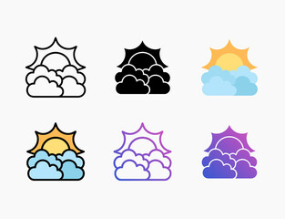 Sun with cloud icon set with different styles.  Editable stroke and pixel perfect. Can be used for digital product, presentation, print design and more.