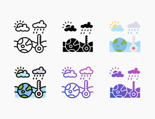 Climate with globe rain temperature icon set with different styles. Editable stroke and pixel perfect. Can be used for digital product, presentation, print design and more.