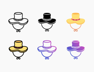 Woman hat icon set with different styles. Style line, outline, flat, glyph, color, gradient. Editable stroke and pixel perfect. Can be used for digital product, presentation, print design and more.
