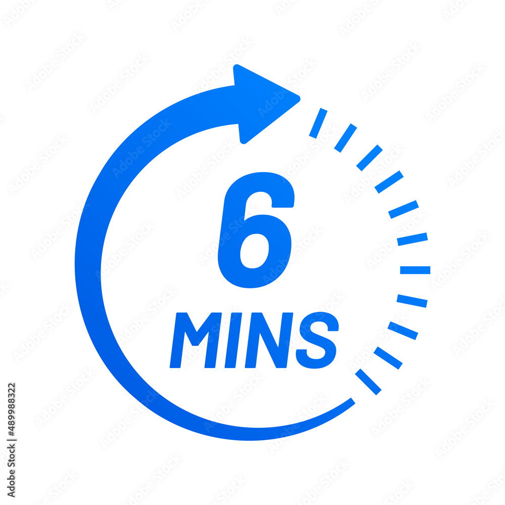 Poster 6 minutes clock icon. six mins clock arrow icon isolated on white background.