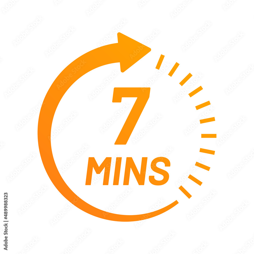 Poster 7 minutes clock quick number icon. Seven mins time circle icon.