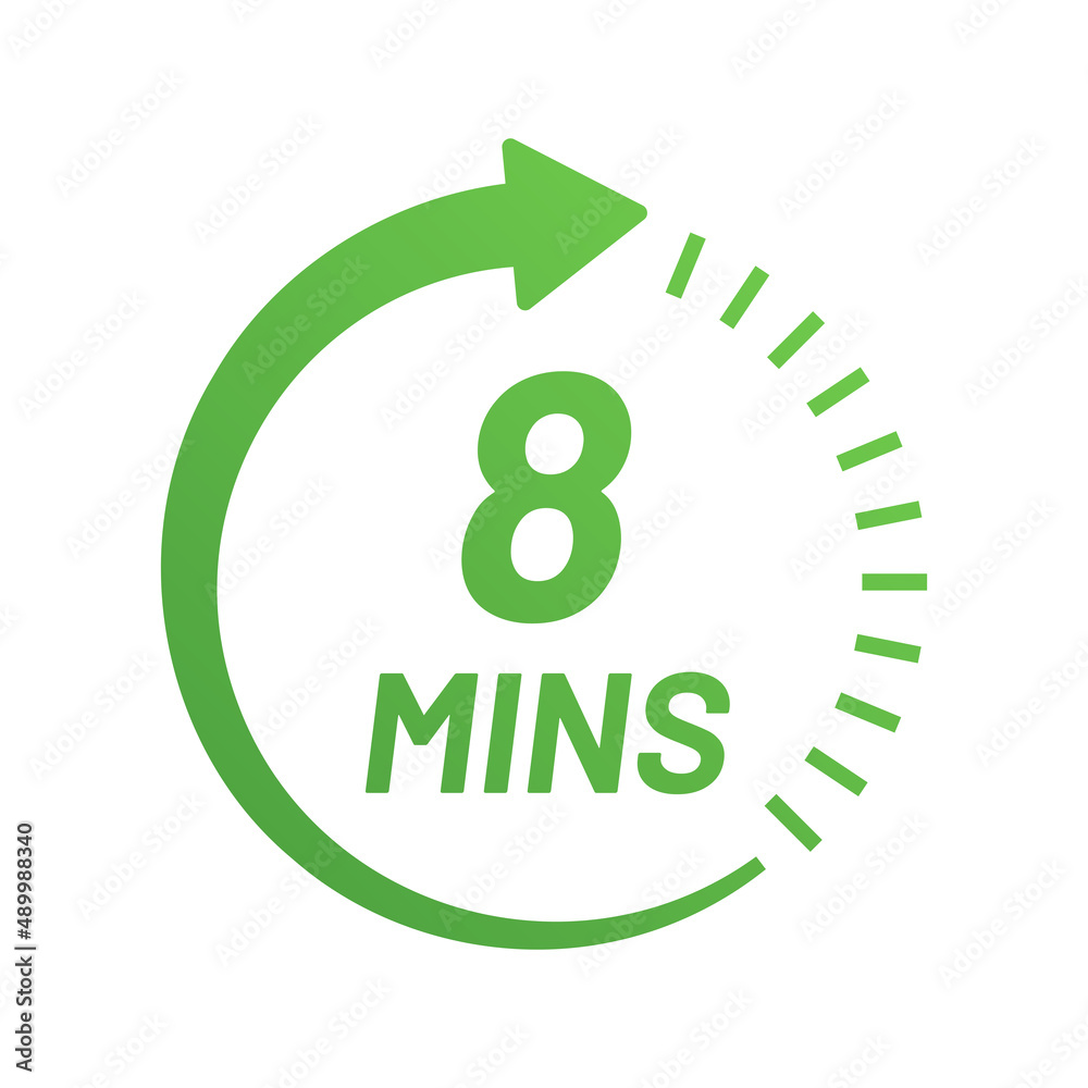 Poster 8 minutes timers clock icon. 8 mins sign.