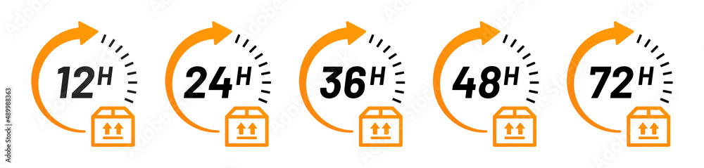Poster hours package delivery icon set. shipping time management collection.