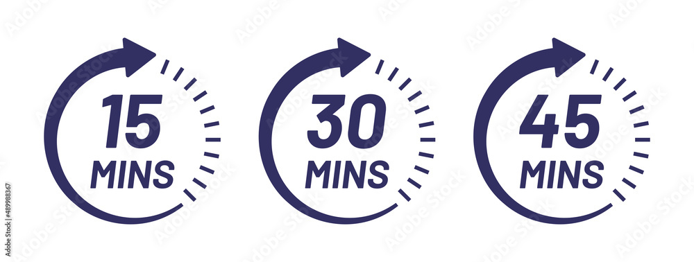 Poster minute timer icon collection. containing 15 mins, 30 mins and 45 mins vector.