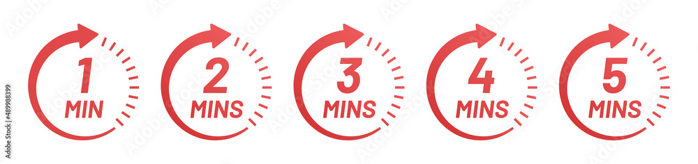 Poster Clock time circle from 1 minutes to 5 minutes icon set. Countdown symbol