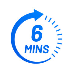 6 minutes clock icon. Six mins clock arrow icon isolated on white background.