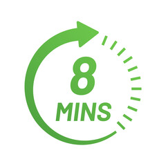 8 minutes timers clock icon. 8 mins sign.