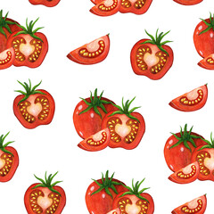 Ripe watercolor tomatoes seamless pattern. Hand drawn illustration on white background. Vegetables whole, half, slice. Juicy red garden products, cherry. Clipart for menu, cafe, market, web