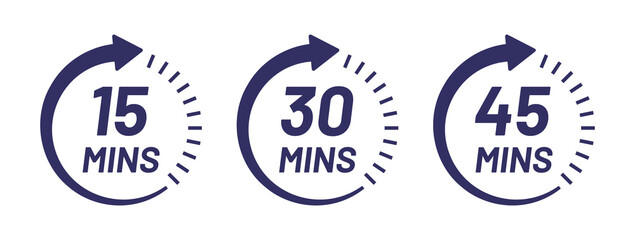Minute timer icon collection. Containing 15 mins, 30 mins and 45 mins vector. - obrazy, fototapety, plakaty