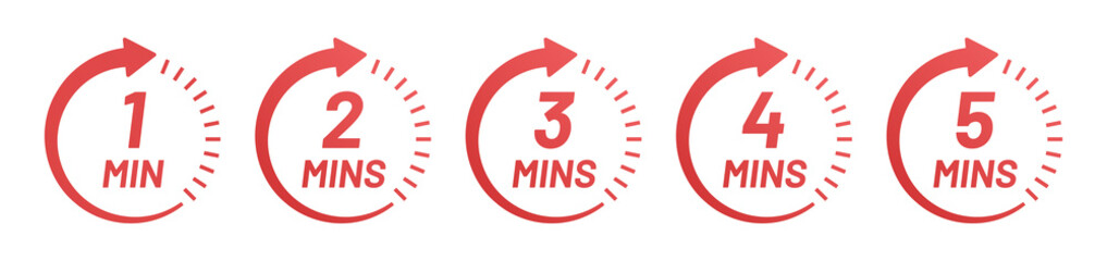 Clock time circle from 1 minutes to 5 minutes icon set. Countdown symbol - obrazy, fototapety, plakaty