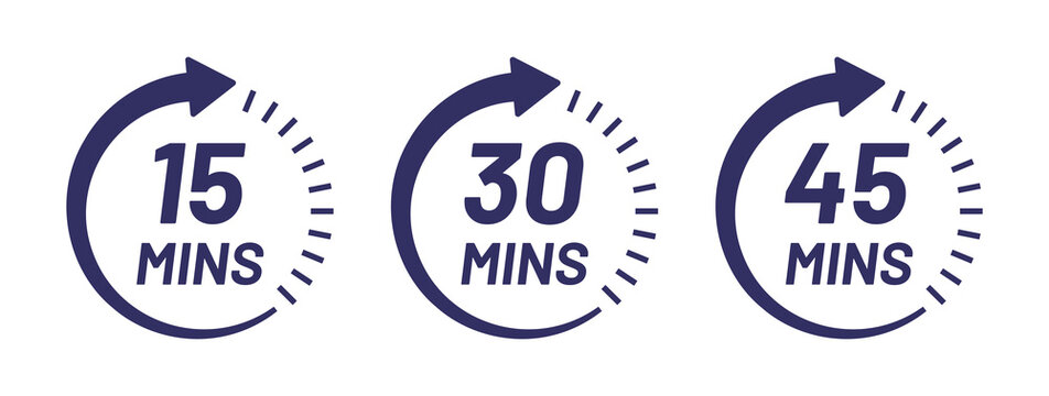 Minute timer icon collection. Containing 15 mins, 30 mins and 45 mins vector.