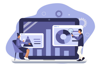 vector hand drawn illustration in flat style on the theme of statistics. laptop screens with various charts and managers studying them.