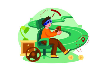 Boy playing the racing game using VR