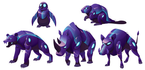 Mechanical animals, bear, penguin, rhinoceros, boar and beaver robots. Vector cartoon set of futuristic pets cyborgs, purple mechanic grizzly, rhino and warthog isolated on white background © klyaksun