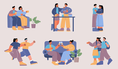 Happy couple hug, run, drink coffee and cook together. Vector flat illustration of love and romantic relationship with man and woman walking for shop, sitting on sofa with champagne glasses