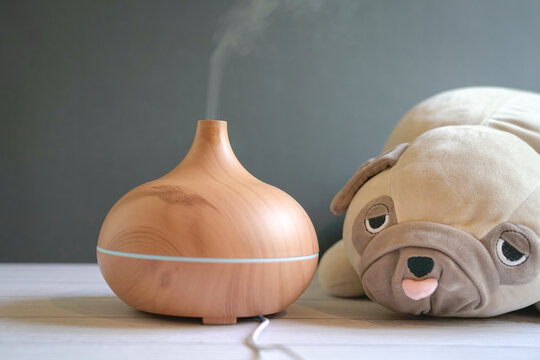 Aroma Essential Oil Diffuser And Pug Dog Soft Toy On Table. Cosy Interior.