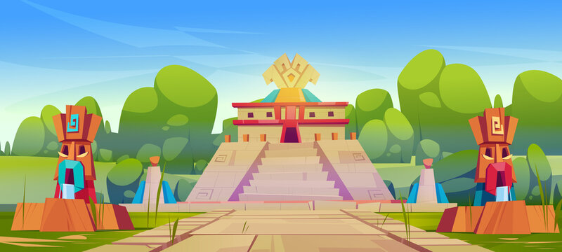 Ancient aztec pyramid, temple and statues, historical landmarks of mayan civilization. Vector cartoon illustration of summer landscape with tropical forest and mesoamerican village with ziggurat
