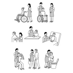 介護師や福祉の人物イラストモノクロまとめ