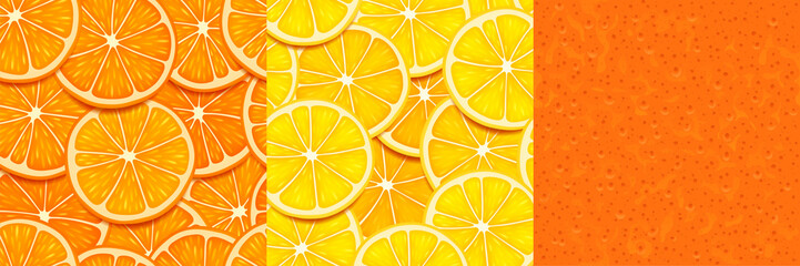 Textures of orange, lemon slices and peel. Seamless patterns with citrus fruit pieces and skin. Vector bright backgrounds of cut tropical fruit and orange rind for game design