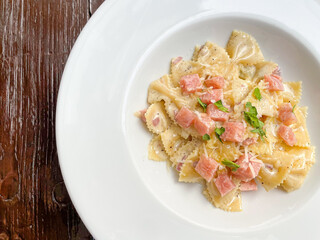 carbonara farfelle pasta with ham sausage