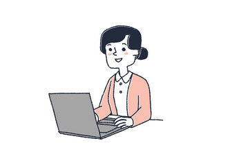 ノートパソコンで入力作業をする看護師　コミカルな手書きの人物イラスト　ベクター線画にシンプルな色つけ