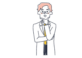 感心している白衣の医師　コミカルな手書きの人物イラスト　ベクター線画にシンプルな色つけ　白バック