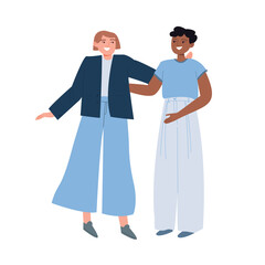 Fototapeta premium Meeting of two women. Happy young girls are happy to see each other. Random meetings on the street. Friendly relations. Cartoon hand-drawn illustration on an isolated white background.