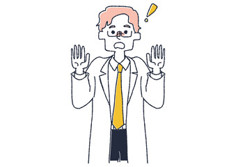 驚いている男性医師　コミカルな手書きの人物　ベクター、線画にシンプルな色つけ　