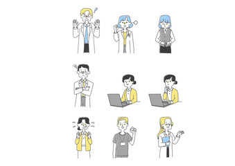 医療に携わる人物のセット　コミカルな手書きの人物イラスト　ベクター線画にシンプルな色つけ　白バック