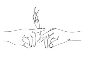 one line abstract art of two hands giving cigarettes, on black and white on white background great for posters and decorations