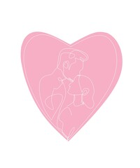 art of a couple kissing forehead and heart, on a pink and white background good for posters and decorations