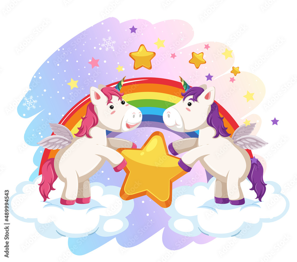 Sticker two cute unicorns holding a star together