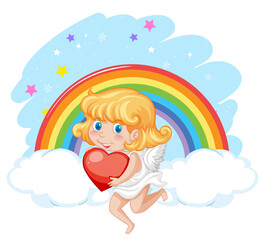 Angel girl holding red heart on rainbow background