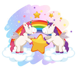 Two cute unicorns holding a star together