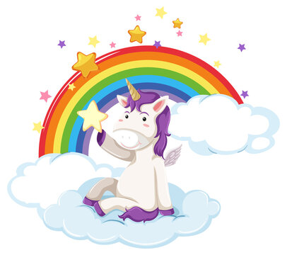 A unicorn sitting on a cloud with rainbow