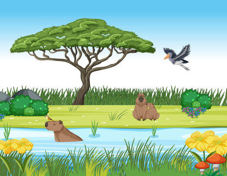 Scene with wombats and stork by the river