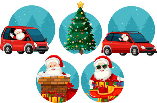 Set of Christmas theme with Santa, car, Christmas tree