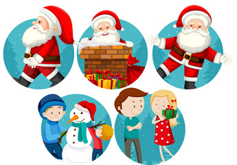 Set of Christmas theme with Santa, snowman, family