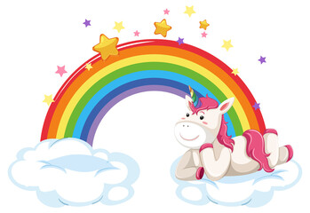 Cute unicorns lying on a cloud with rainbow