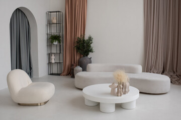 Interior of spacious living room with white comfortable couch, armchair and round table with group...