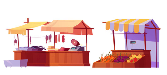 Fototapeta premium Outdoor farm market stalls, wooden fair booths or kiosks with awning and farmer food, fish, meat butcher or fishery products and vegetables. Isolated wood vendor counters, Cartoon vector illustration