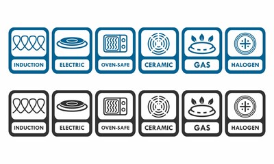 Symbols indicate properties and destination of a metallic utensil. (inducation, electric, oven-safe,ceramis,gas,halogen)