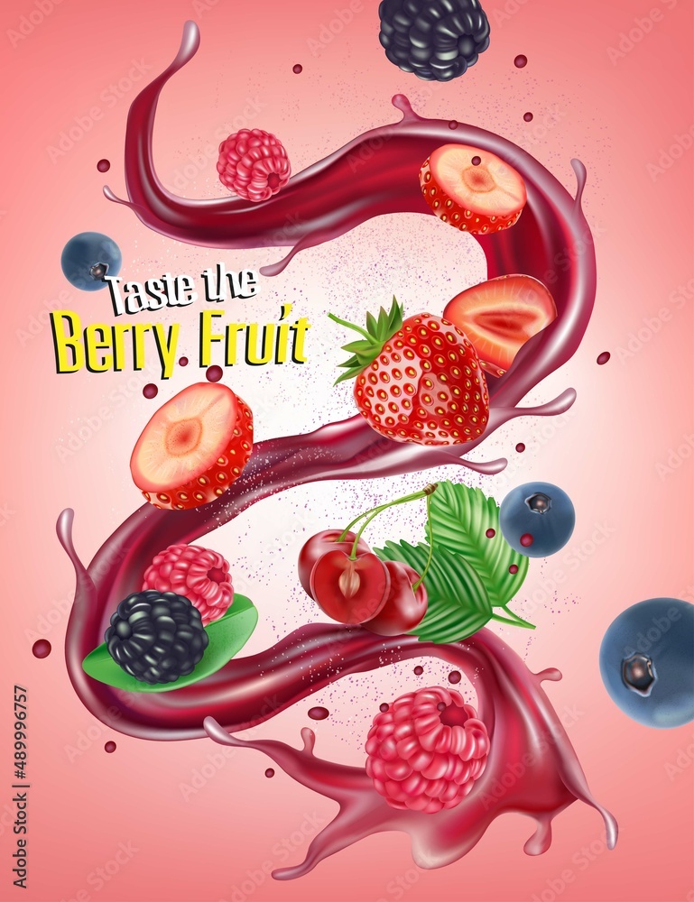 Aufkleber mix berries smooth fruit splashing of tropical fruits on solid color background. vector in 3d illust