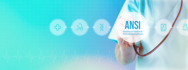ANSI (American National Standards Institute). Doctor with stethoscope in focus. Icons and text on a digital interface. Medical technology