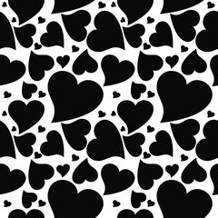 Simple hearts seamless pattern. Valentines day background. Flat design endless chaotic texture made of tiny heart silhouettes. Shades of Black White