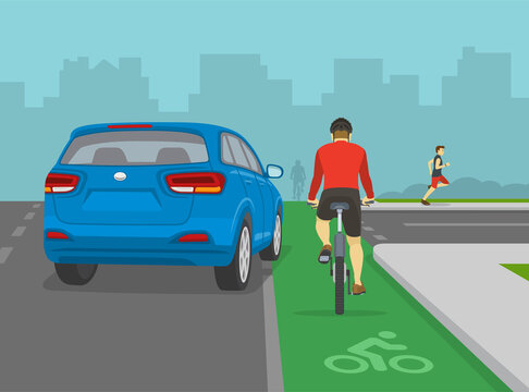 Traffic regulation rules and tips. Safety bicycle driving. Blue suv car is turning right in front of cyclist on bike lane. Avoid the right hook. Flat vector illustration template.