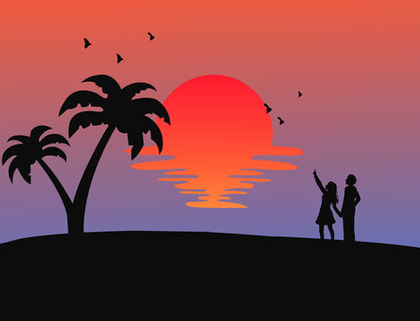 illustration of beach scene in the evening	