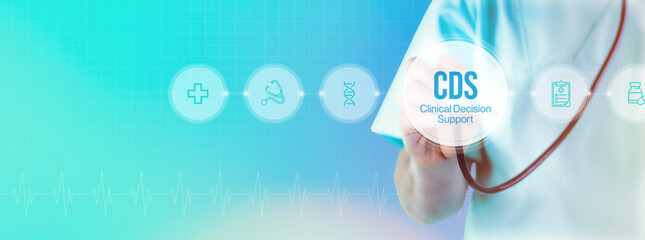 CDS (Clinical Decision Support). Doctor with stethoscope in focus. Icons and text on a digital interface. Medical technology